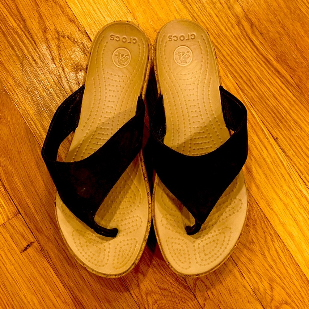 Crocs Sandals Flip flop Wedges  Black Nubuck Leather Women's Size 10